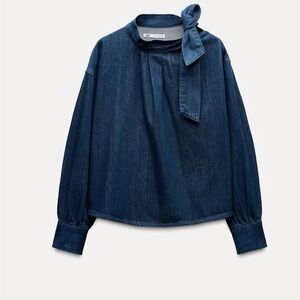 Zara Tie Front Denim Top Size L Blue Jean Blouse